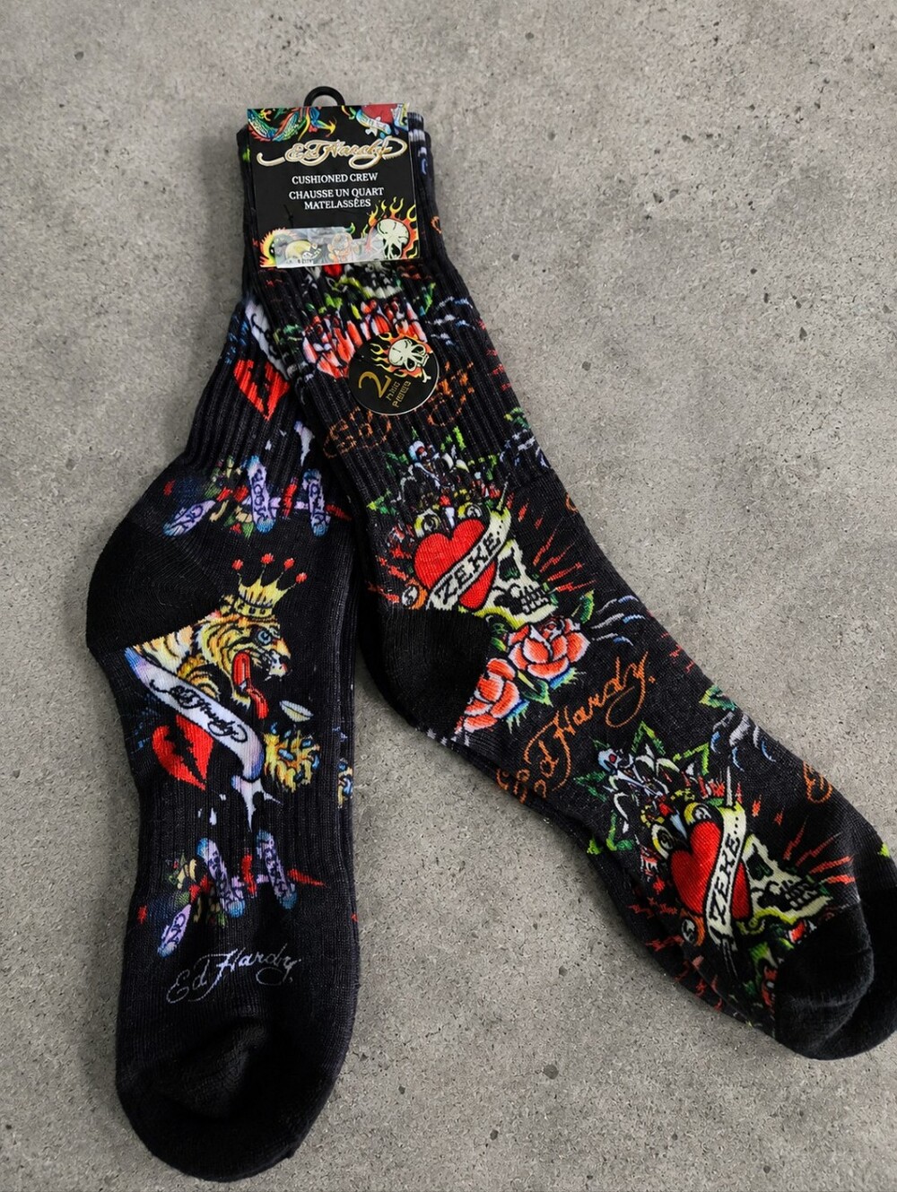 Ed Hardy Black Tattoo Print Socks Heart Skulls Roses Edgy Y2K Mens NWT
